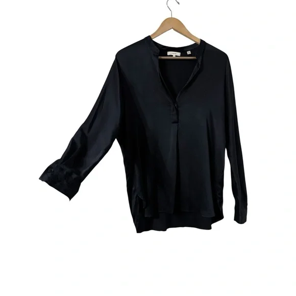 VINCE Band Collar Silk Navy Long Sleeve Blouse Top - Picture 4 of 8